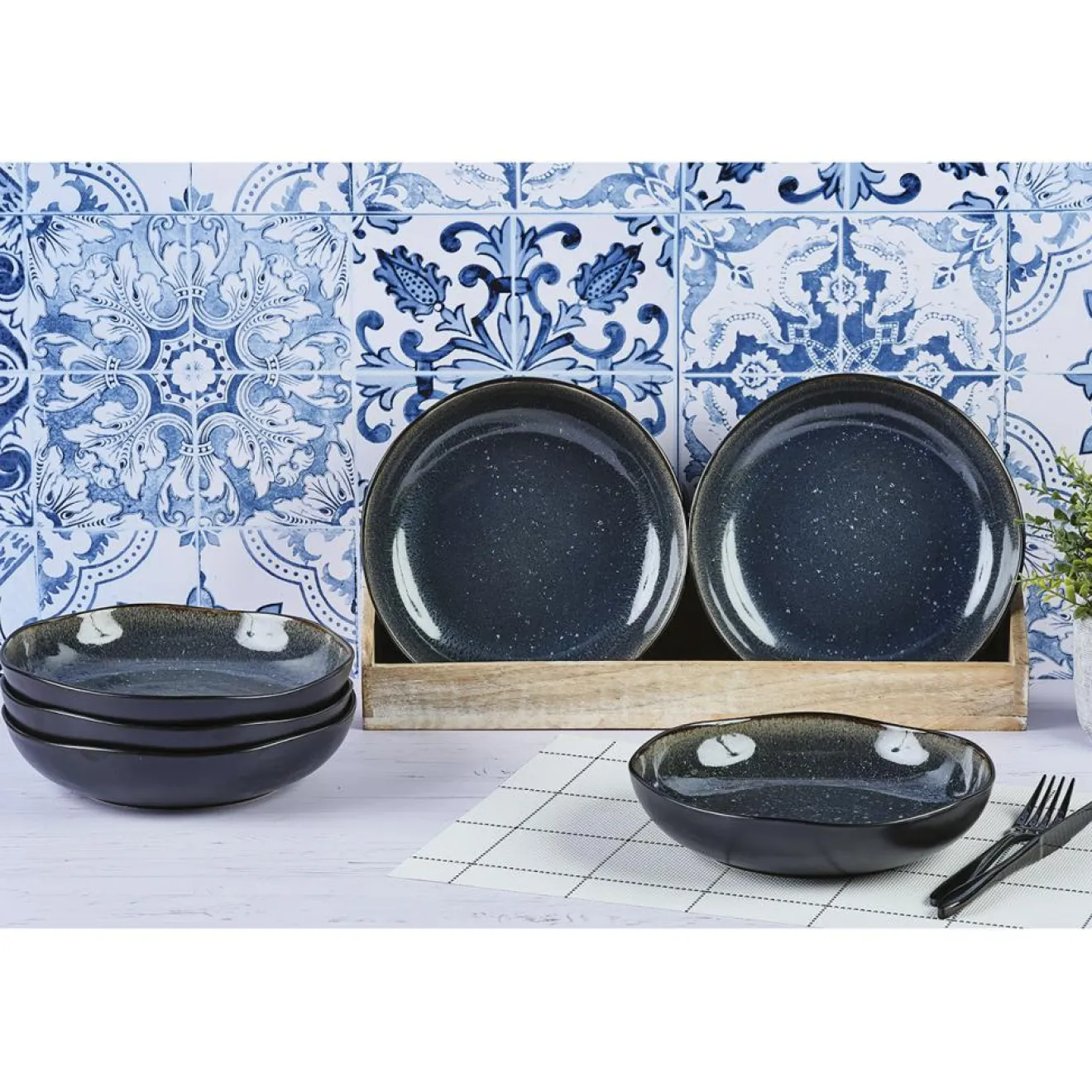 New Bjorn 6 Assiettes creuses en Grès Iris bleu foncé - D.22.5 cm