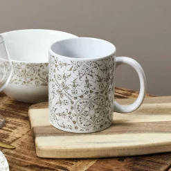 Best Home Deco Factory 2 Mugs motif faïence blanc/taupe - 12.5x9.2x8 cm