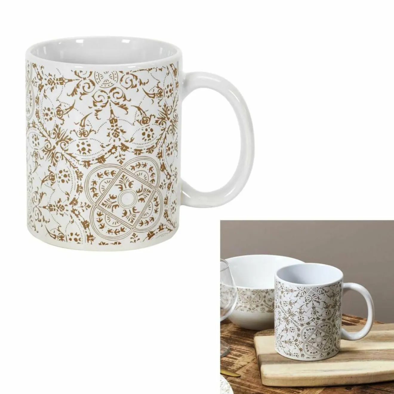 Best Home Deco Factory 2 Mugs motif faïence blanc/taupe - 12.5x9.2x8 cm