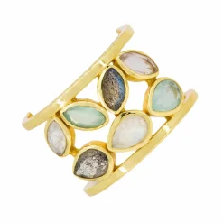 Femme Moonstone Bague Debora Quartz, Labradorite et Jade en laiton doré