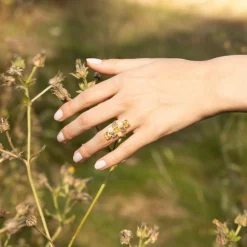 Hot Moonstone Bague Maya Labradorite grise & Pierre de lune en laiton doré