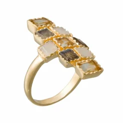Hot Moonstone Bague Maya Labradorite grise & Pierre de lune en laiton doré