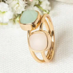 Femme Moonstone Bague Naelia Quartz rose & Amazonite en laiton doré