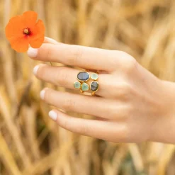 Online Moonstone Bague Tatiana Labradorite & Aqua Calci en laiton doré