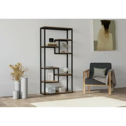 Clearance Wooden Art Bibliothèque emina noyer/noir - 85x182x29 cm