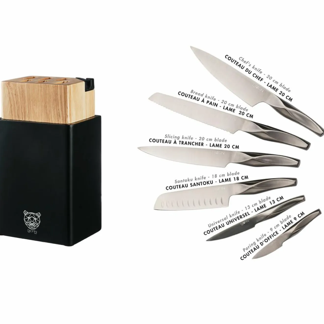 Bjorn Bloc avec couteaux de cuisine Larus Porvoo gris métal - 8 pièces