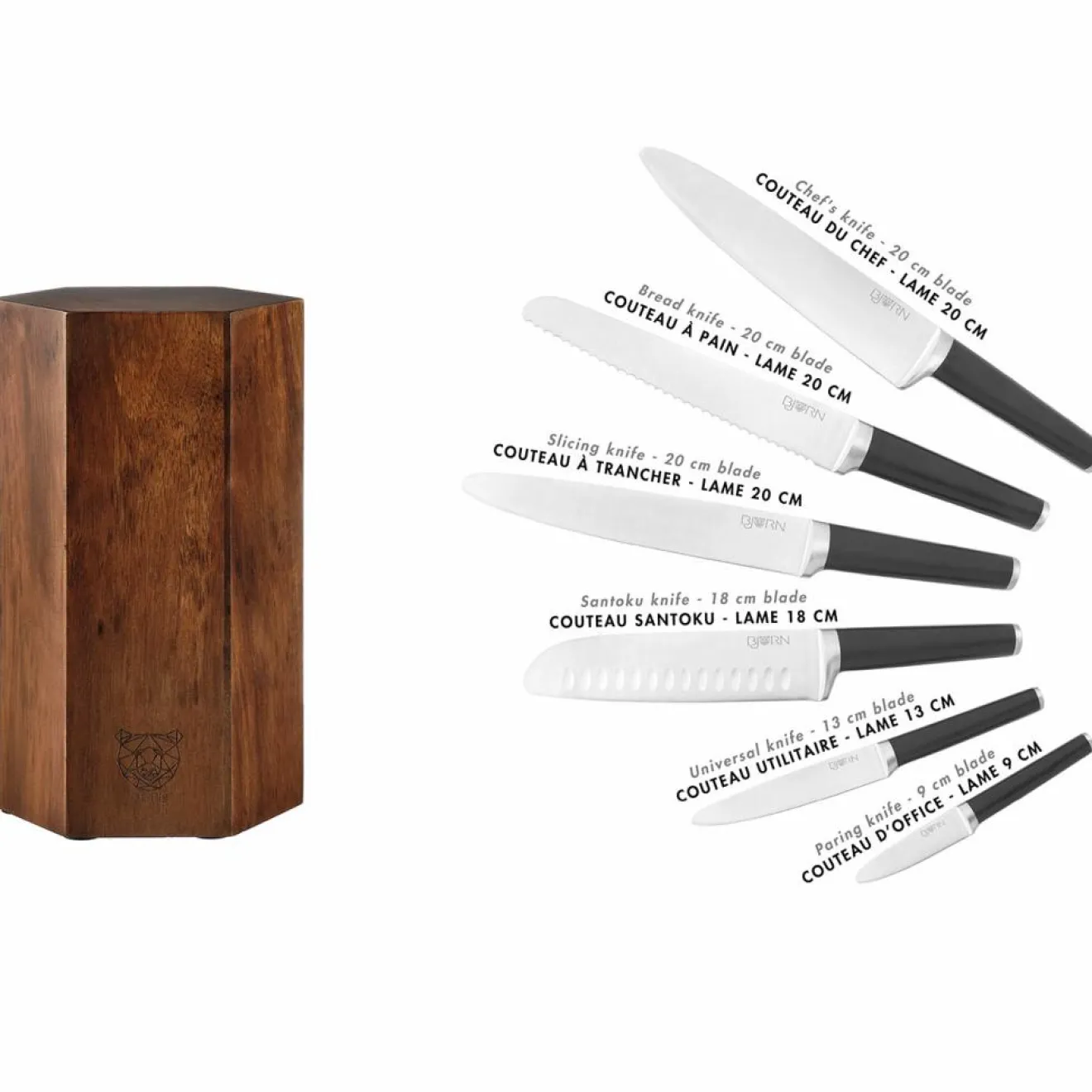 Bjorn Bloc avec couteaux de cuisine Jona Imatra inox mat - 7 pièces
