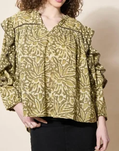 Femme Louizon Blouse 100% Coton Bio Damud imprimée kaki