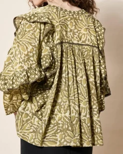 Femme Louizon Blouse 100% Coton Bio Damud imprimée kaki