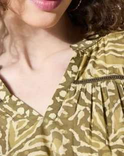 Femme Louizon Blouse 100% Coton Bio Damud imprimée kaki