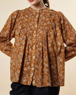 Discount Chloé Stora Blouse ample Alba en Voile de Coton imprimée ocre