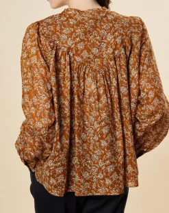 Discount Chloé Stora Blouse ample Alba en Voile de Coton imprimée ocre