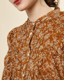 Discount Chloé Stora Blouse ample Alba en Voile de Coton imprimée ocre