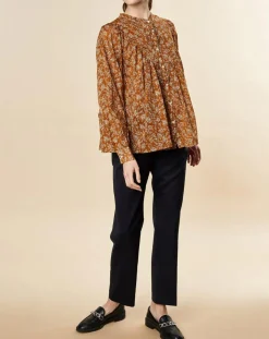 Discount Chloé Stora Blouse ample Alba en Voile de Coton imprimée ocre