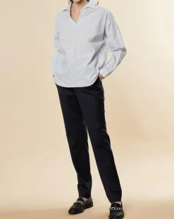 Femme Chloé Stora Blouse ample en Coton Couronne rayée bleu ciel