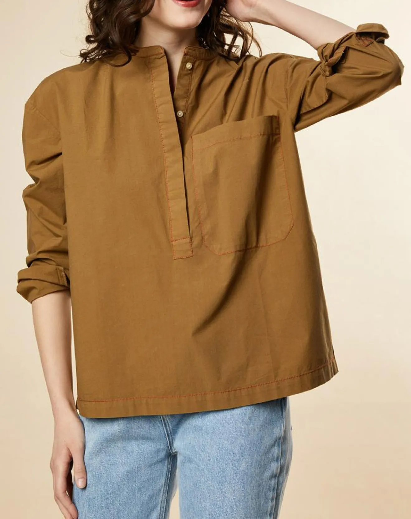 Femme Chloé Stora Blouse en Popeline de Coton oversize Cachou kaki