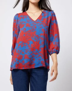 Outlet Esprit Blouse en voile imprimé fendue au dos rouge/bleu