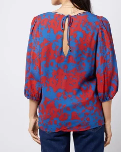 Outlet Esprit Blouse en voile imprimé fendue au dos rouge/bleu