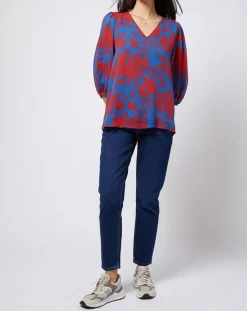 Outlet Esprit Blouse en voile imprimé fendue au dos rouge/bleu
