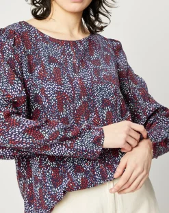 Femme Esprit Blouse fluide à manches bouffantes motifs prune/bleu
