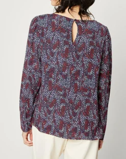 Femme Esprit Blouse fluide à manches bouffantes motifs prune/bleu