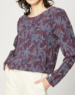 Femme Esprit Blouse fluide à manches bouffantes motifs prune/bleu