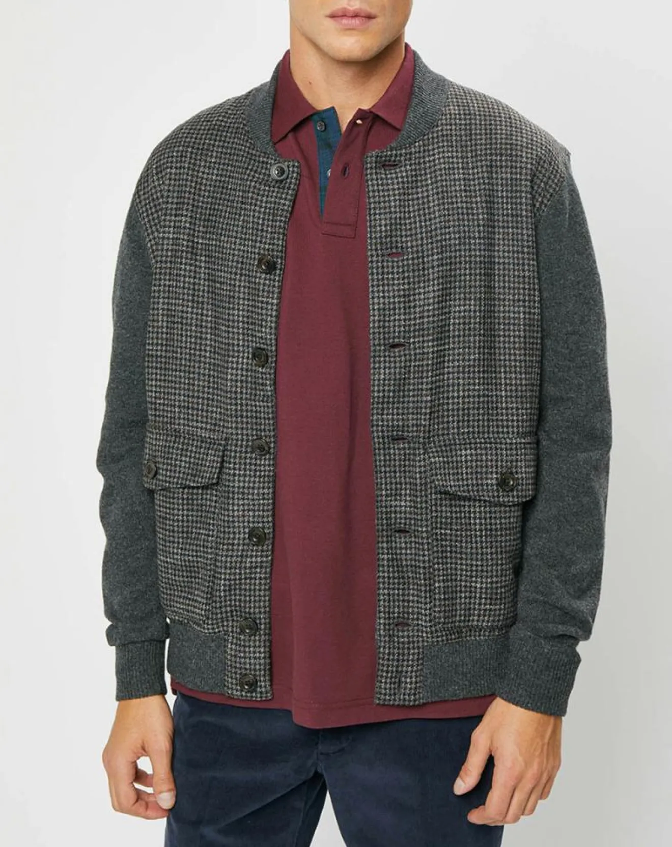 Outlet Hackett London Blouson 100% Laine Tricot imprimé pied-de-poule gris/marron