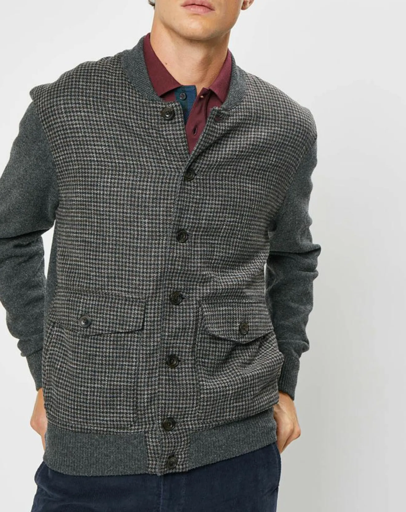 Outlet Hackett London Blouson 100% Laine Tricot imprimé pied-de-poule gris/marron