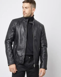 Homme Blue Wellford Blouson Biker en Cuir Juda noir