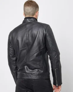 Homme Blue Wellford Blouson Biker en Cuir Juda noir