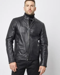 Homme Blue Wellford Blouson Biker en Cuir Juda noir