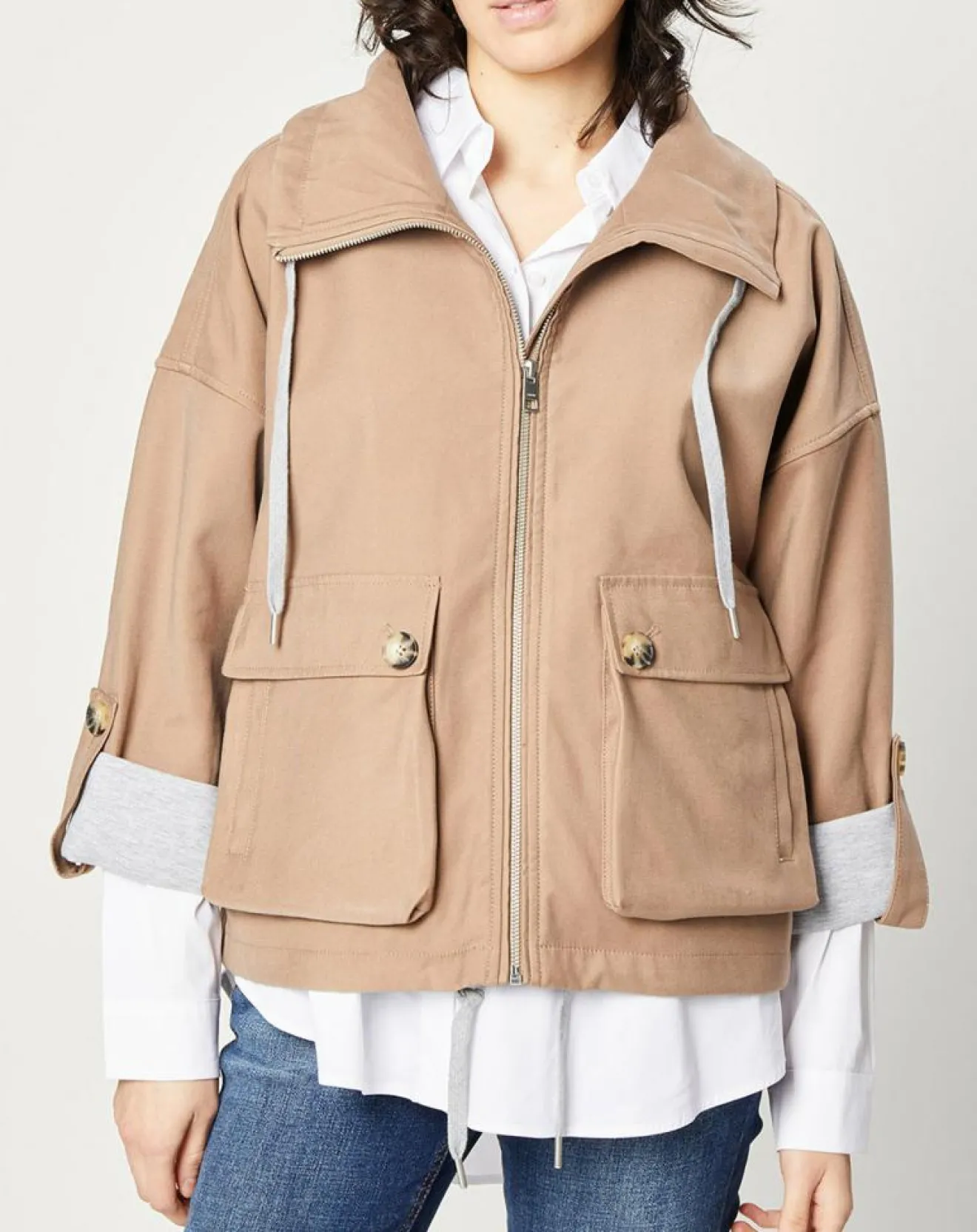 Femme Esprit Blouson zippé à grande poche beige foncé