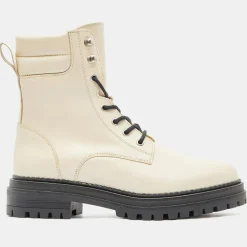 New Galeries Lafayette Boots en Cuir à lacets col matelassé beiges - Talon 3 cm