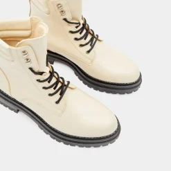 New Galeries Lafayette Boots en Cuir à lacets col matelassé beiges - Talon 3 cm