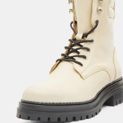 New Galeries Lafayette Boots en Cuir à lacets col matelassé beiges - Talon 3 cm