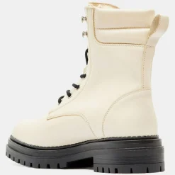 New Galeries Lafayette Boots en Cuir à lacets col matelassé beiges - Talon 3 cm