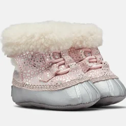 Enfant Sorel Boots fourrées en Velours de Cuir Caribootie motif léopard rose/argenté