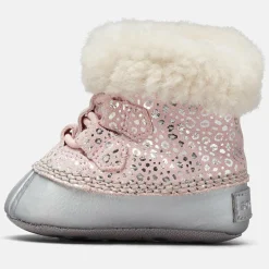 Enfant Sorel Boots fourrées en Velours de Cuir Caribootie motif léopard rose/argenté