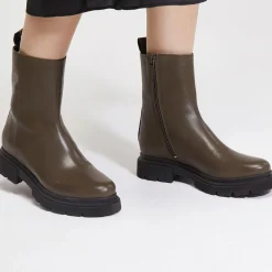 Discount Galeries Lafayette Boots Pendra en Cuir lisse vert kaki
