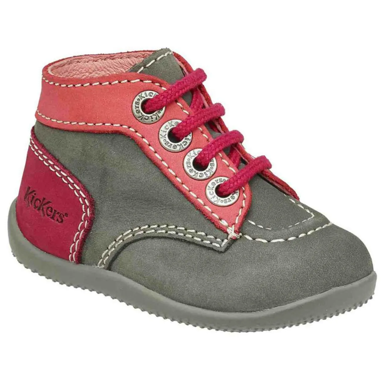 New Kickers Bottillons en Velours de Cuir Bonbon gris/rose/fuschia