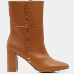 Femme Galeries Lafayette Bottines en Cuir à talon haut et clous camel - Talon 9 cm