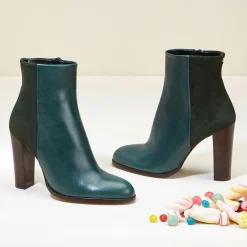 Online Cosmoparis Bottines en Cuir et Velours de Cuir Cecillia forêt - Talon 11 cm