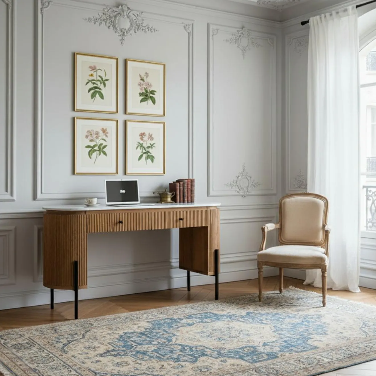 Sale Bois & Chiffons Bureau 2 tiroirs plateau marbre blanc Manguier Kfir II Marron - 140x42x76 cm