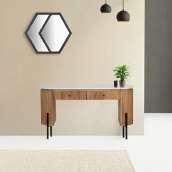 Sale Bois & Chiffons Bureau 2 tiroirs plateau marbre blanc Manguier Kfir II Marron - 140x42x76 cm