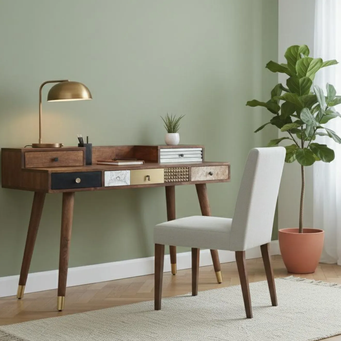 Bois & Chiffons Bureau multi-matériaux peau de vache bois sculpté Naturel - 130x45x88 cm