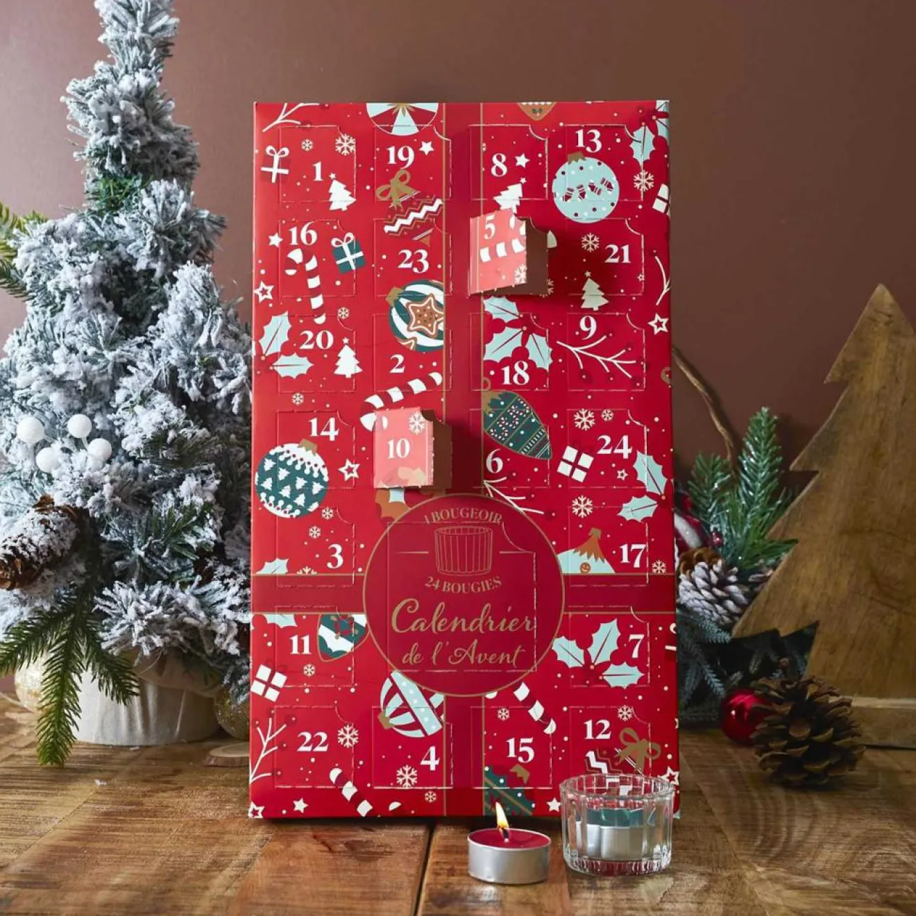 Home Deco Factory Calendrier de l'avent Photophores & Bougies Parfumées rouge - 21.7x37x4.2 cm