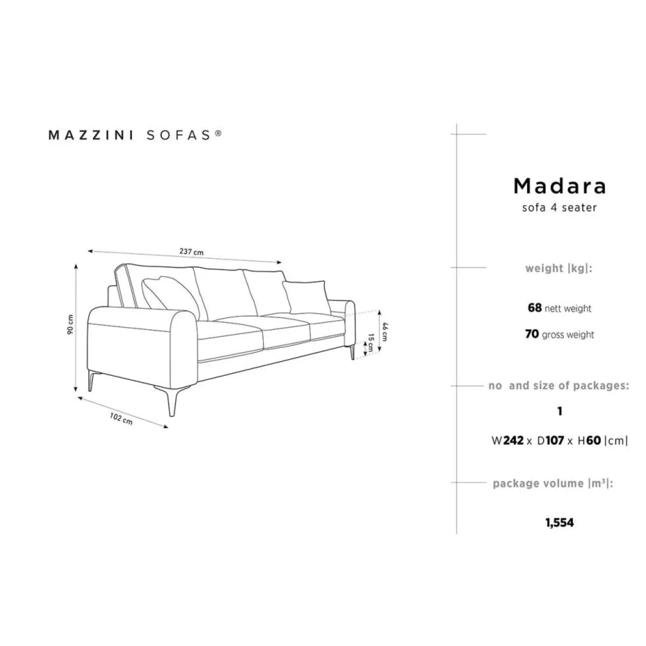 Sale Mazzini Sofas Canapé 4 places Madara beige - 237x102x90 cm