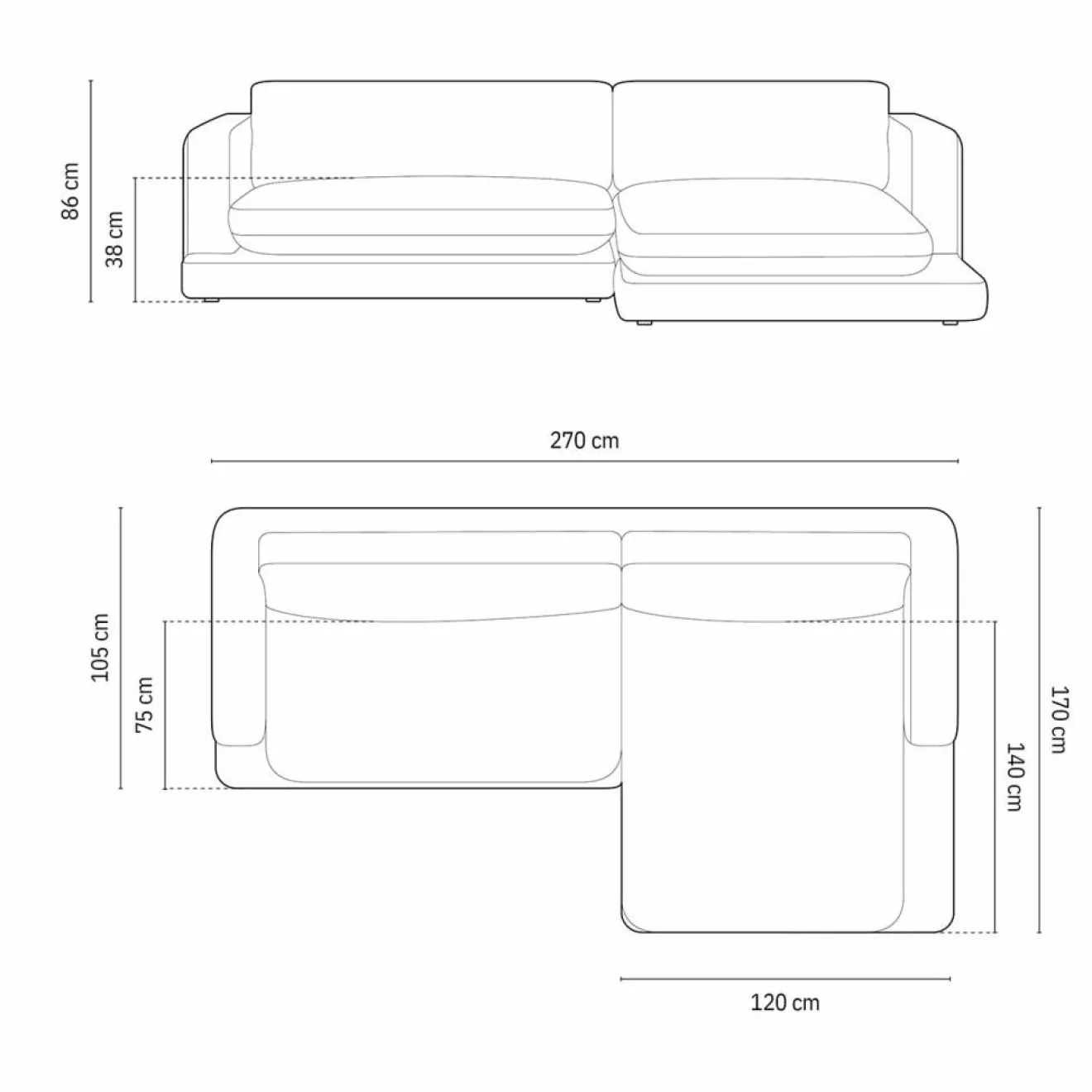 Mazzini Sofas Canapé d'angle droit Daphne 4 Places Noir - 270x170x86 cm