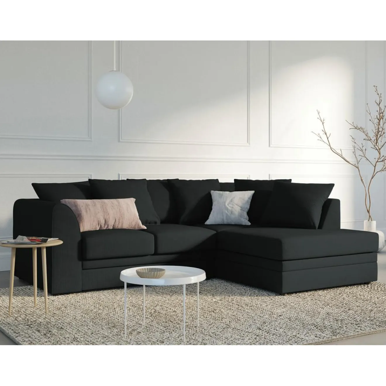 Hot Mazzini Sofas Canapé d'angle Droit Quince Velours côtelé 4 Places noir - 221x171x80 cm