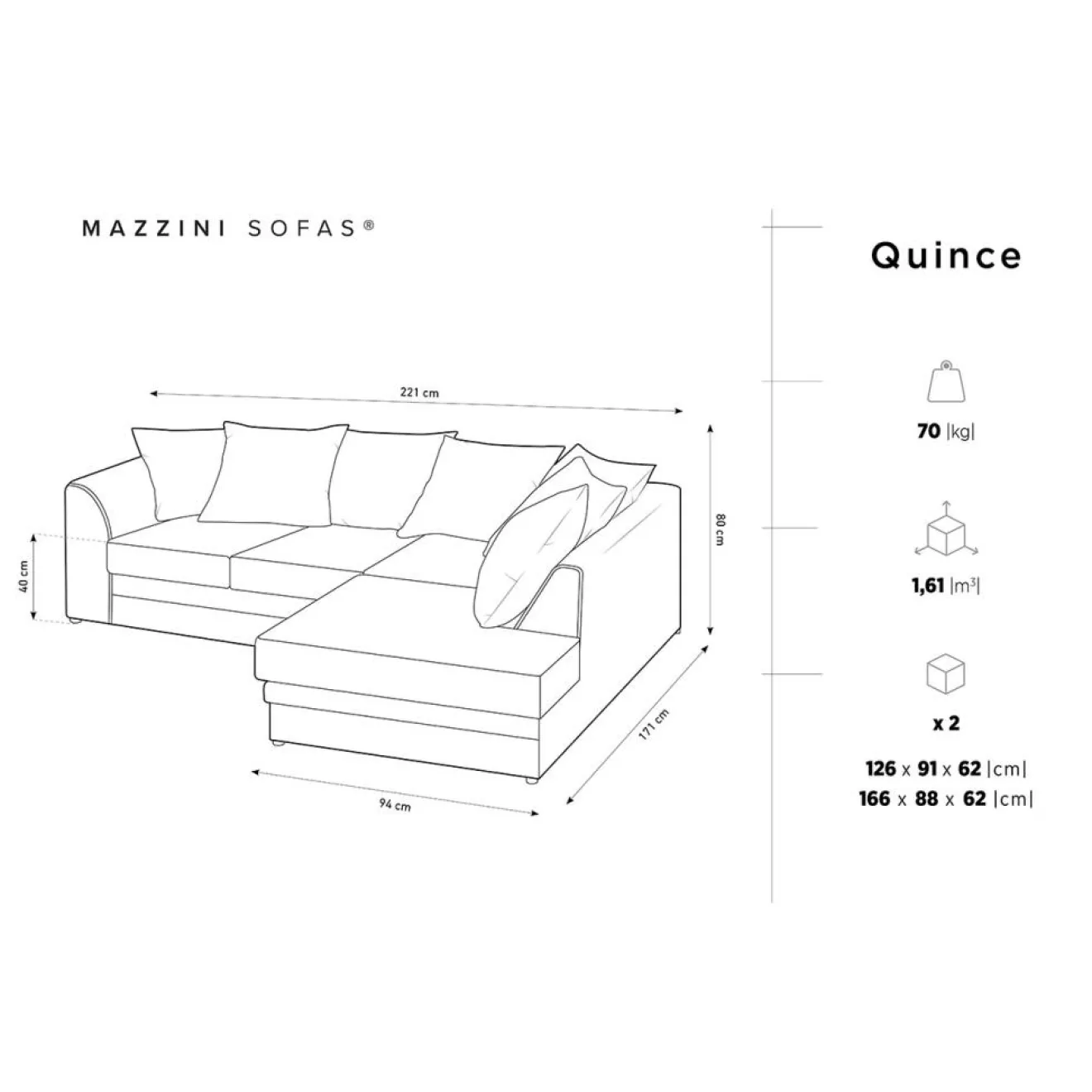 Hot Mazzini Sofas Canapé d'angle Droit Quince Velours côtelé 4 Places noir - 221x171x80 cm
